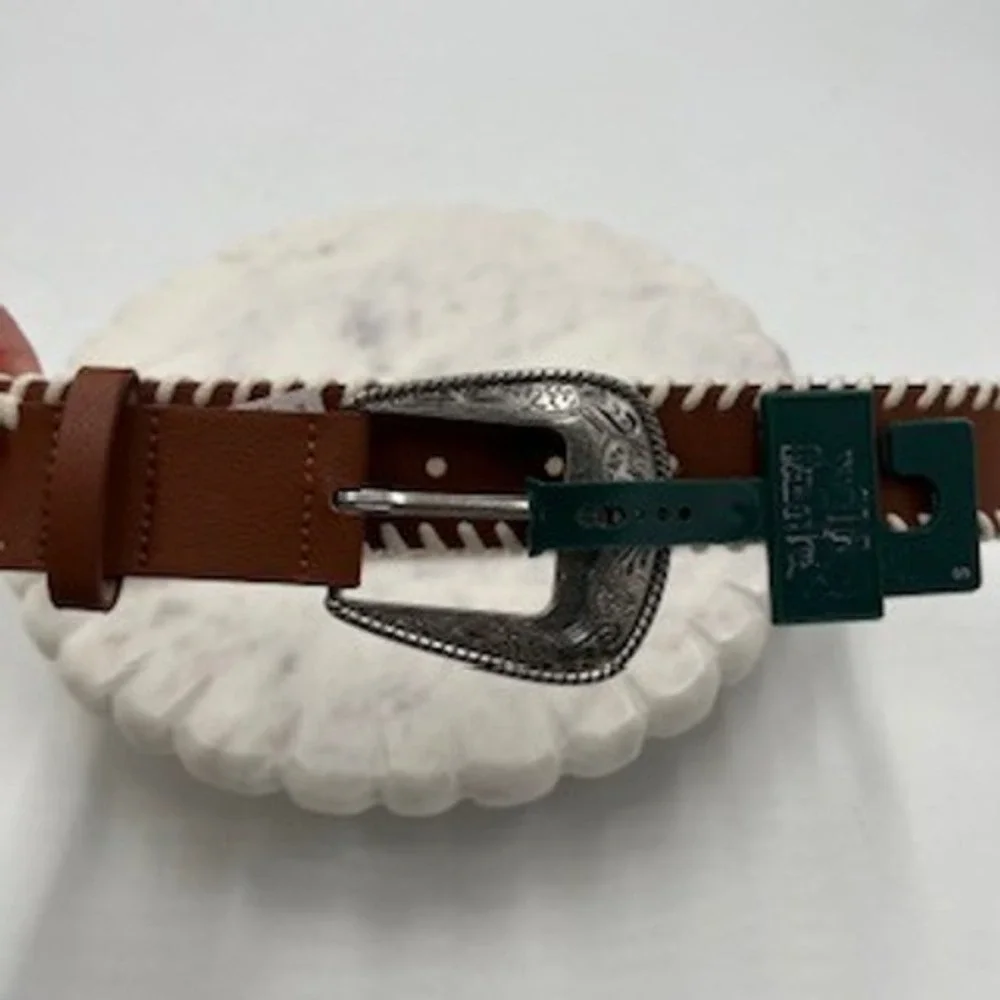 Wild Fable Womens Brown Whipstitch Western Belt Silver Engraved Buckle Small NEW